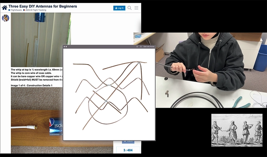 screenshot of a still with various computer windows and screens including one describing Three Easy DIY Antennas for Beginners, a photo of a young person working with wires, and a black and white print in the bottom right corner of four historical figures working with instruments outside